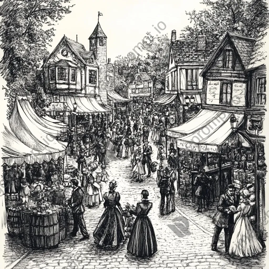 Detailed ink illustration of a bustling Victorian-era street fair demonstrating camaraderie - Image 4