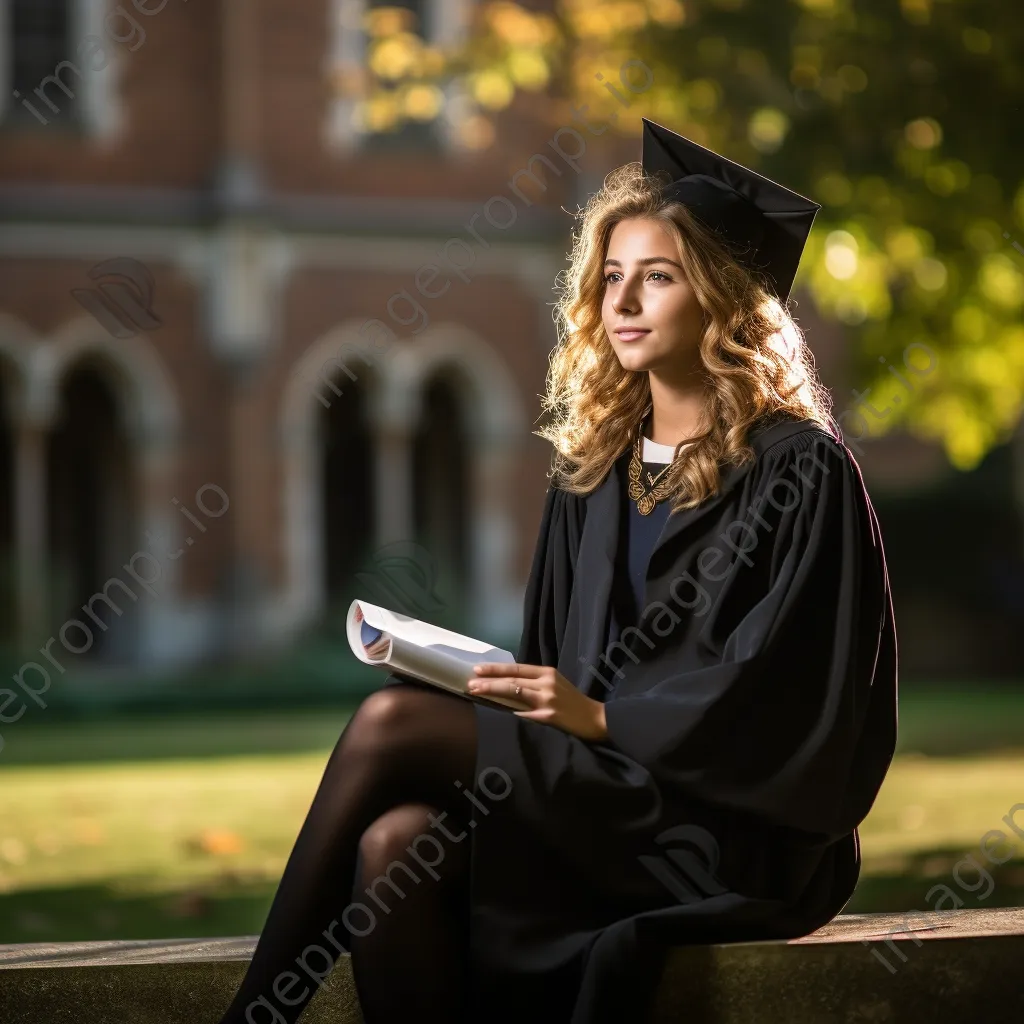 Graduate with diploma reflecting on campus in the morning light - Image 1