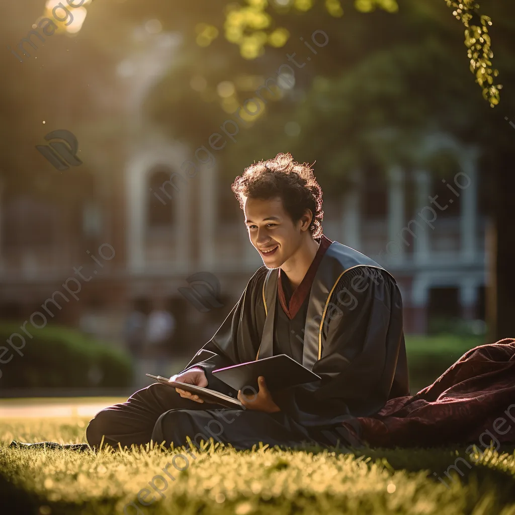 Graduate with diploma reflecting on campus in the morning light - Image 2