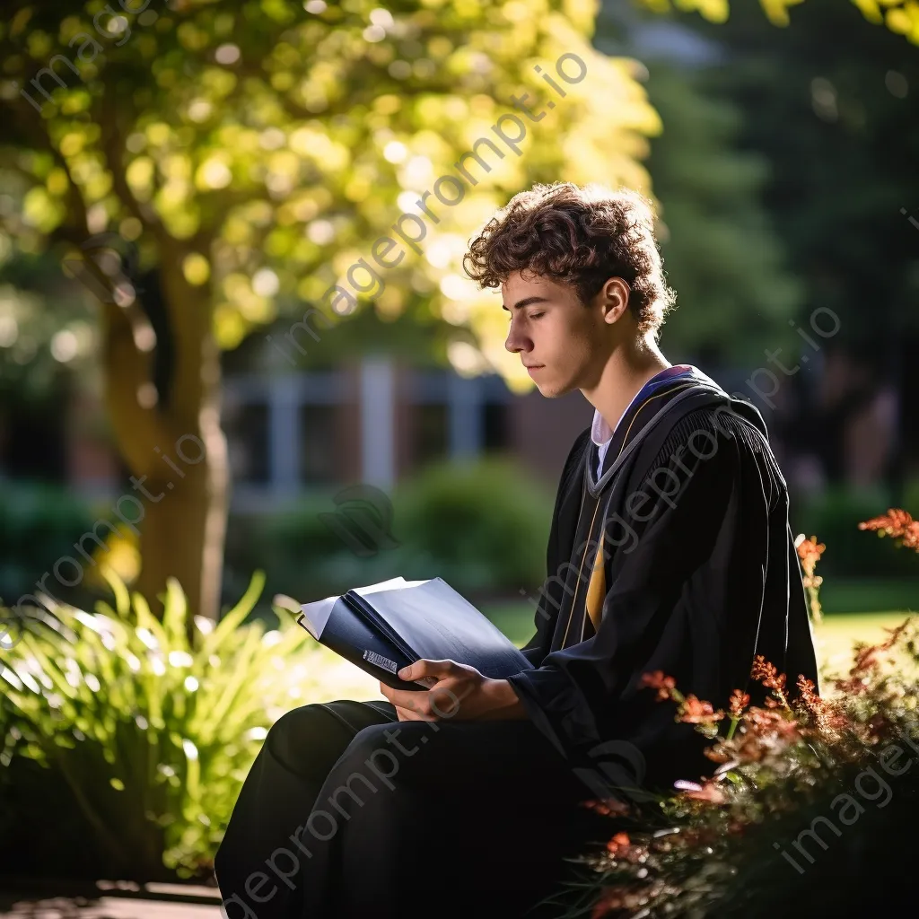 Graduate with diploma reflecting on campus in the morning light - Image 3