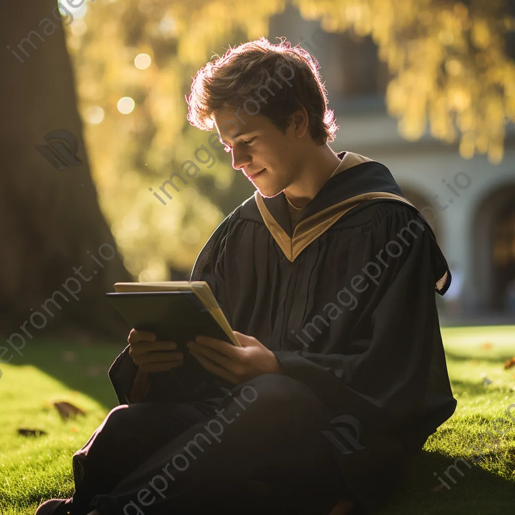 Graduate with diploma reflecting on campus in the morning light - Image 4