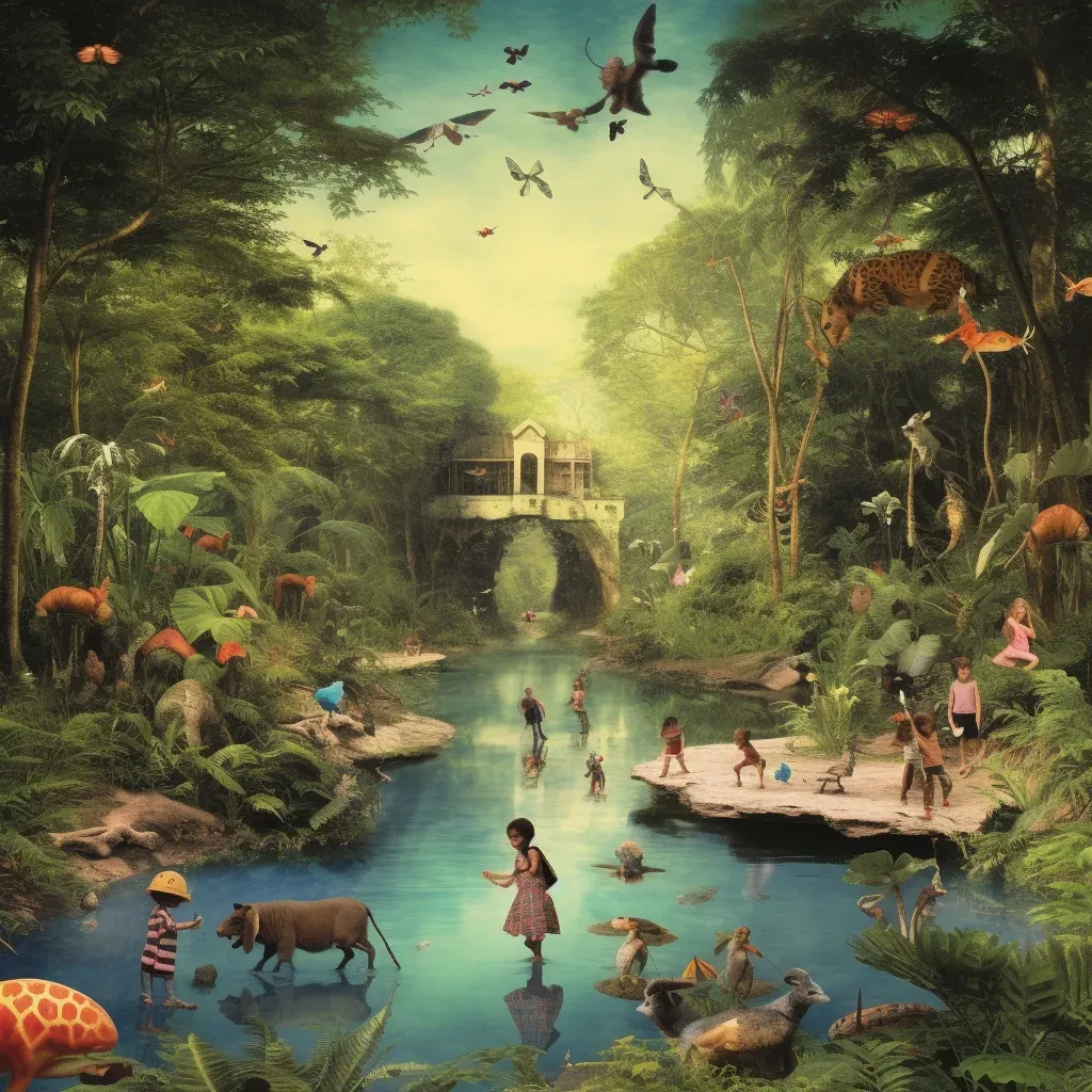 Children playing in creek surrounded by lush forest - Image 1