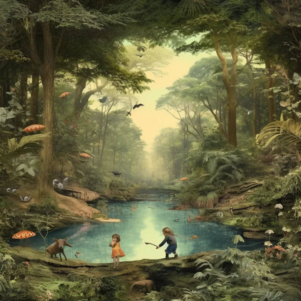 Children playing in creek surrounded by lush forest - Image 2