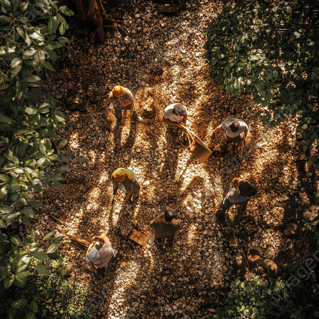 Workers engaged in stripping cork bark from oak trees - Image 1