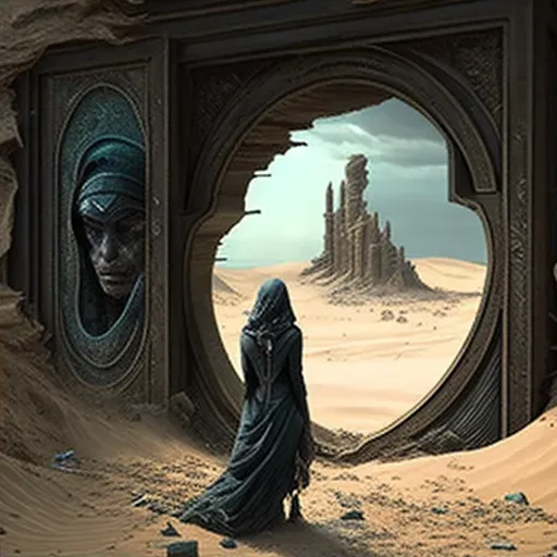 Seeress summoning a vision of a forgotten civilization emerging from sand - Image 2