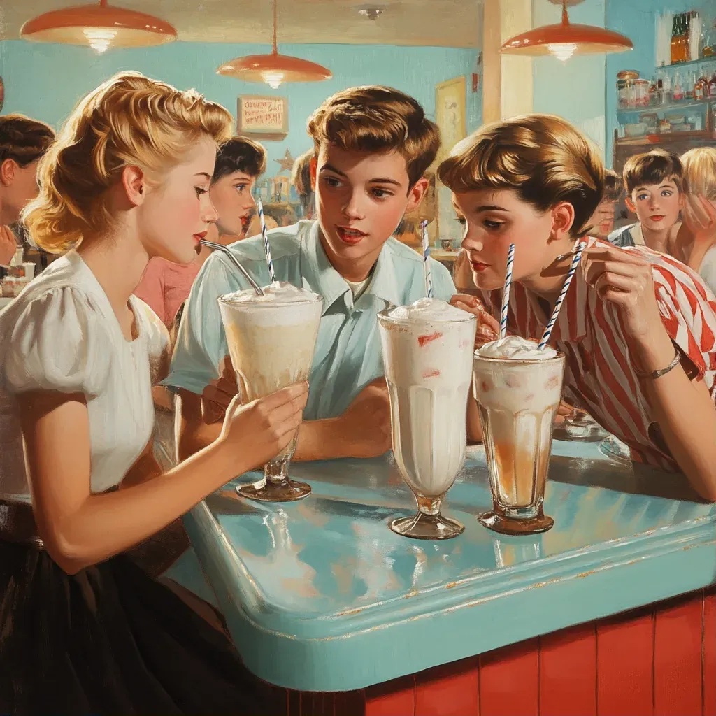 Pop realism artwork of a lively 1950s soda shop scene - Image 1