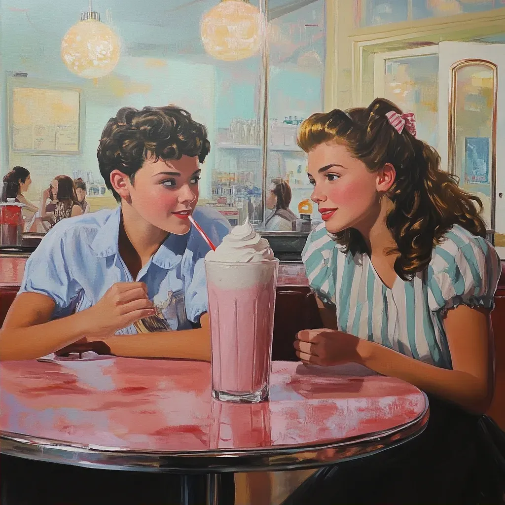 Pop realism artwork of a lively 1950s soda shop scene - Image 2