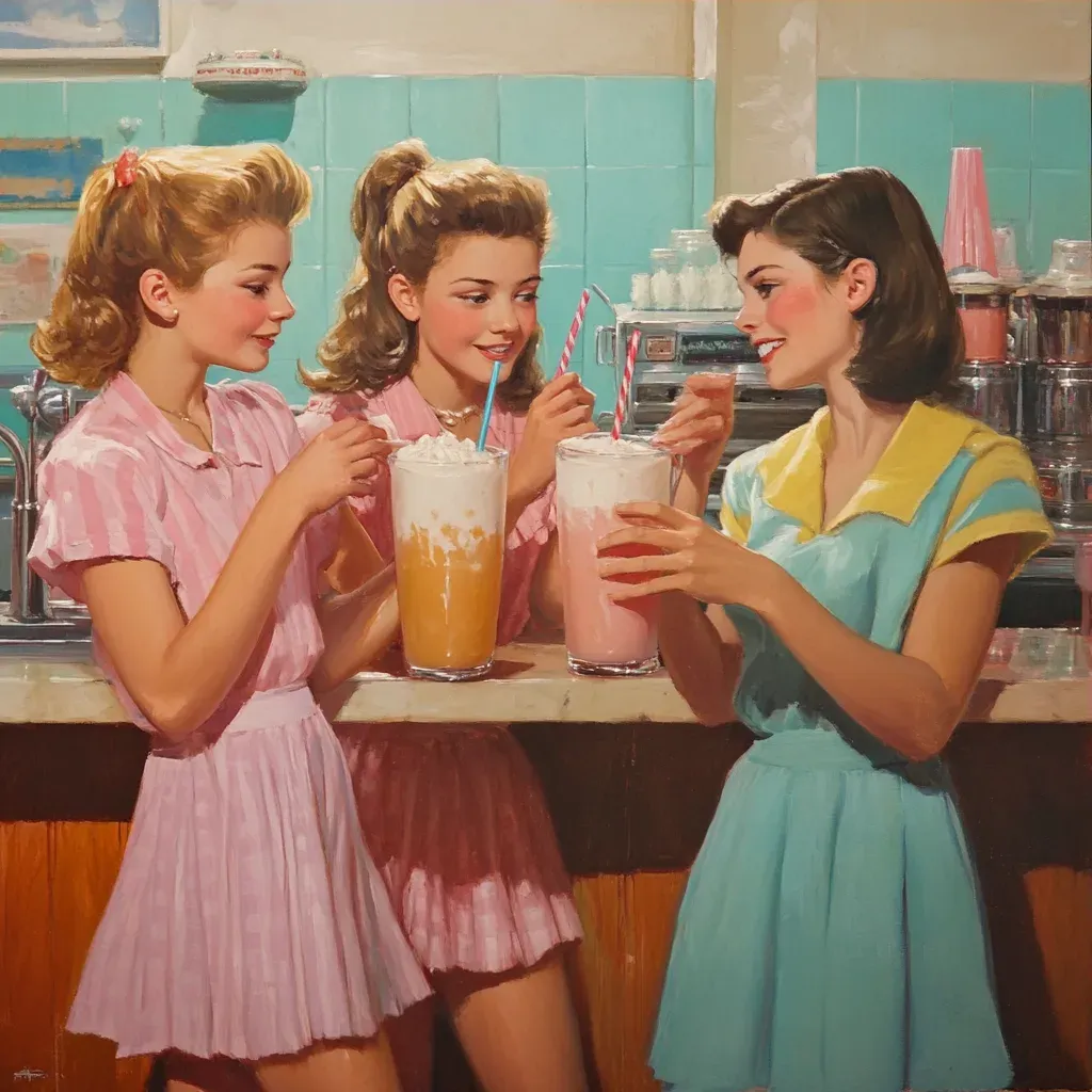 Pop realism artwork of a lively 1950s soda shop scene - Image 3