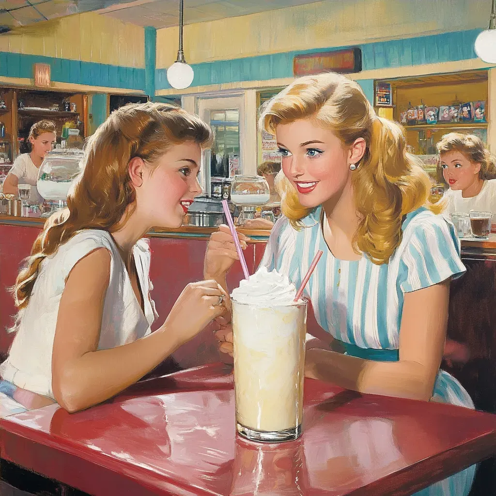 Pop realism artwork of a lively 1950s soda shop scene - Image 4