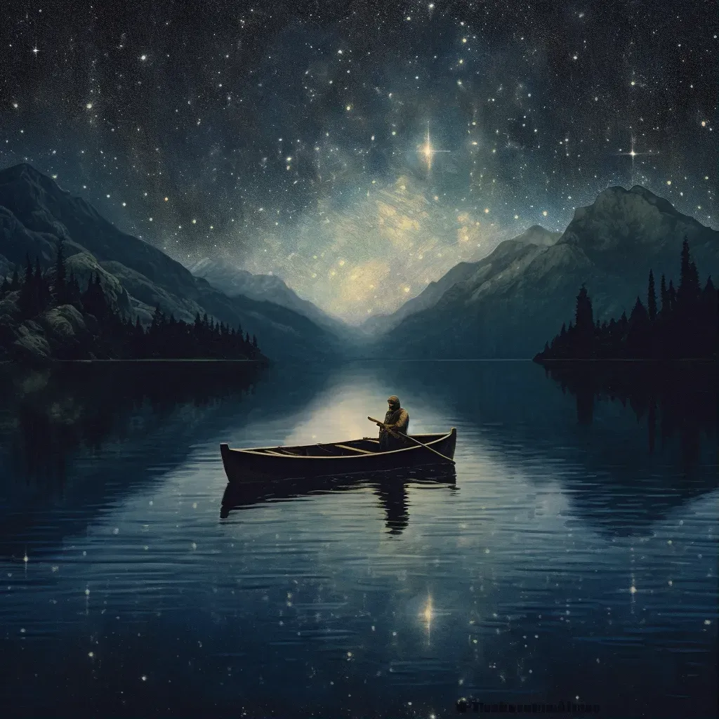 Reflection of starry night sky in lake with fisherman - Image 1