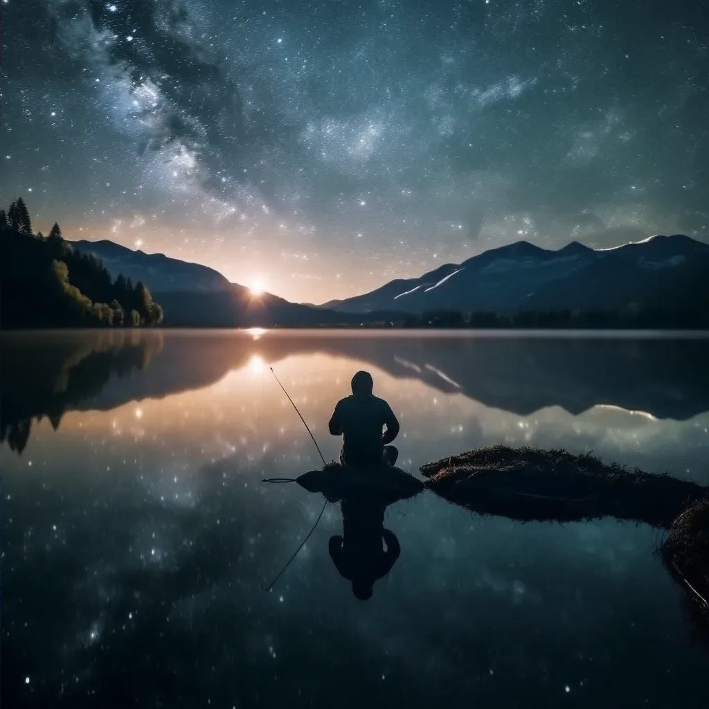 Reflection of starry night sky in lake with fisherman - Image 2