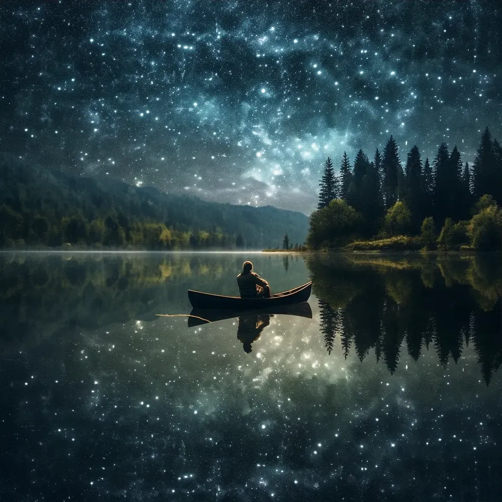 Reflection of starry night sky in lake with fisherman - Image 3