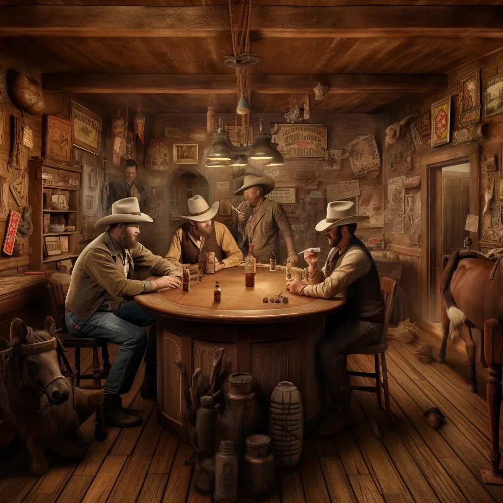 Image of a rustic 1800s western saloon with cowboys, poker game, and whiskey bottles - Image 2