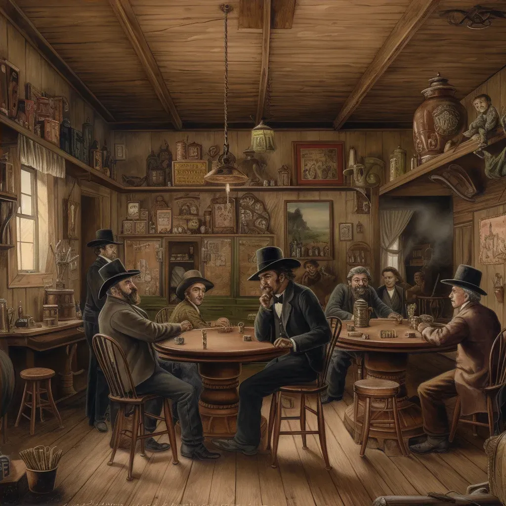 Image of a rustic 1800s western saloon with cowboys, poker game, and whiskey bottles - Image 4