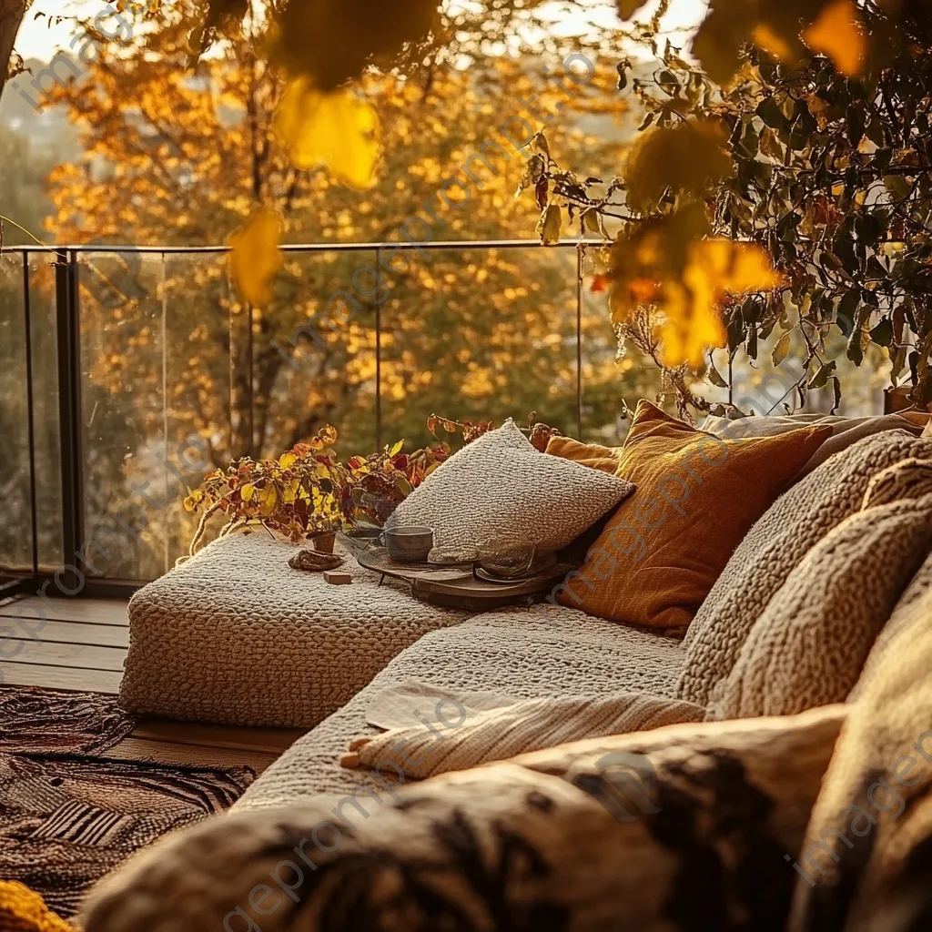 Outdoor terrace with cushions and throws surrounded by vibrant autumn leaves - Image 1