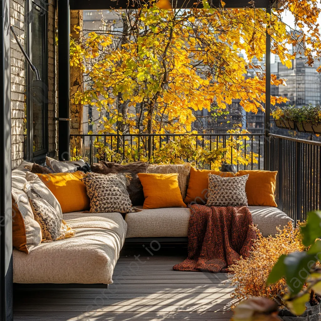 Outdoor terrace with cushions and throws surrounded by vibrant autumn leaves - Image 2