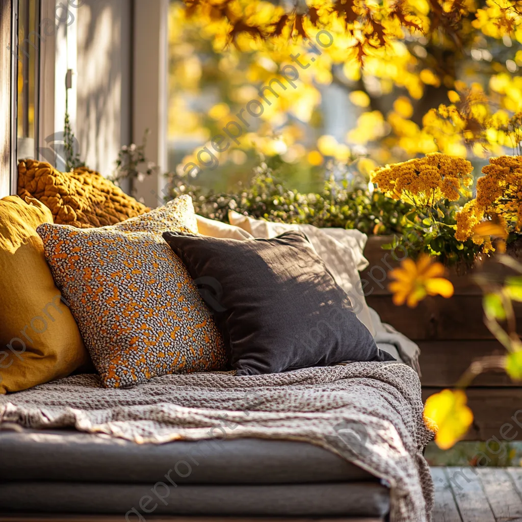 Outdoor terrace with cushions and throws surrounded by vibrant autumn leaves - Image 3