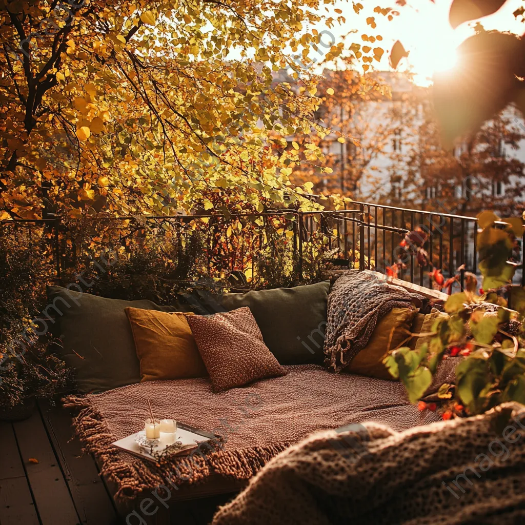 Outdoor terrace with cushions and throws surrounded by vibrant autumn leaves - Image 4