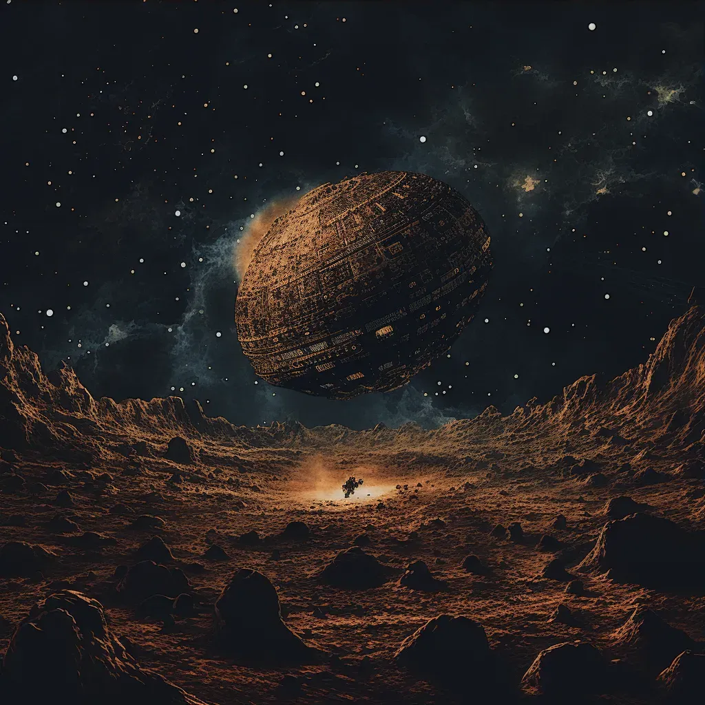 Illustration of a lonely spaceship drifting through an asteroid field with a gigantic planet in the distance - Image 3