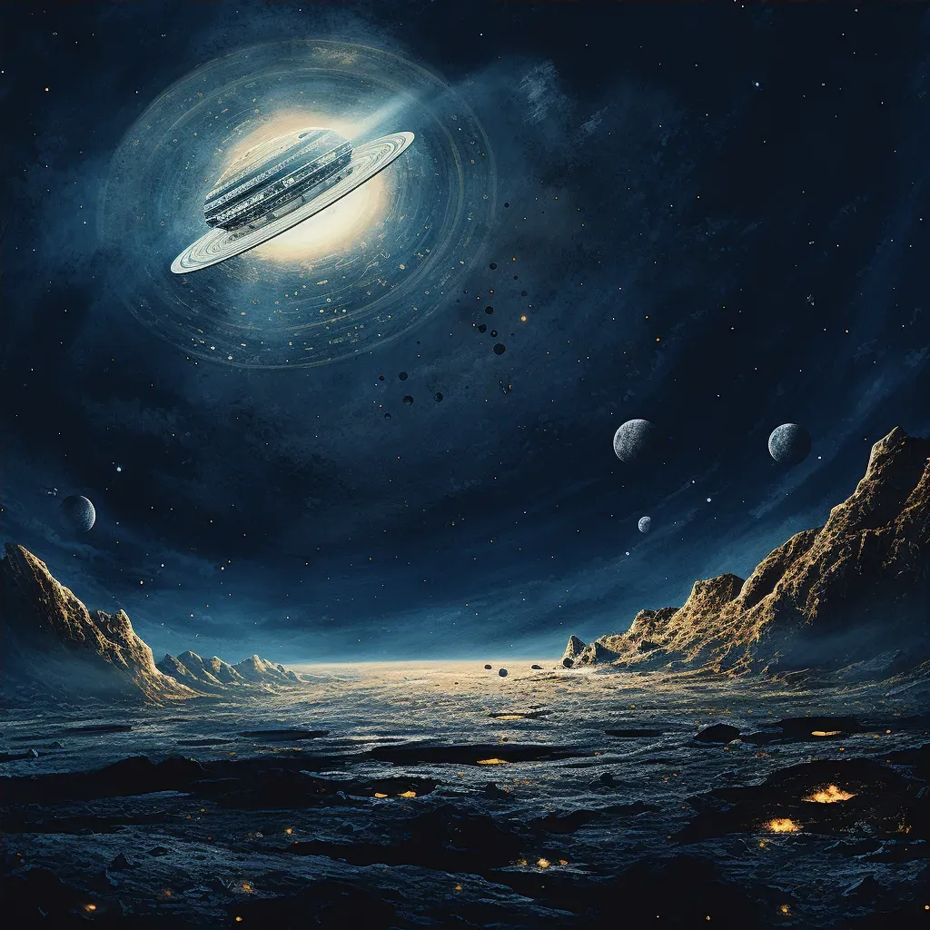 Illustration of a lonely spaceship drifting through an asteroid field with a gigantic planet in the distance - Image 4