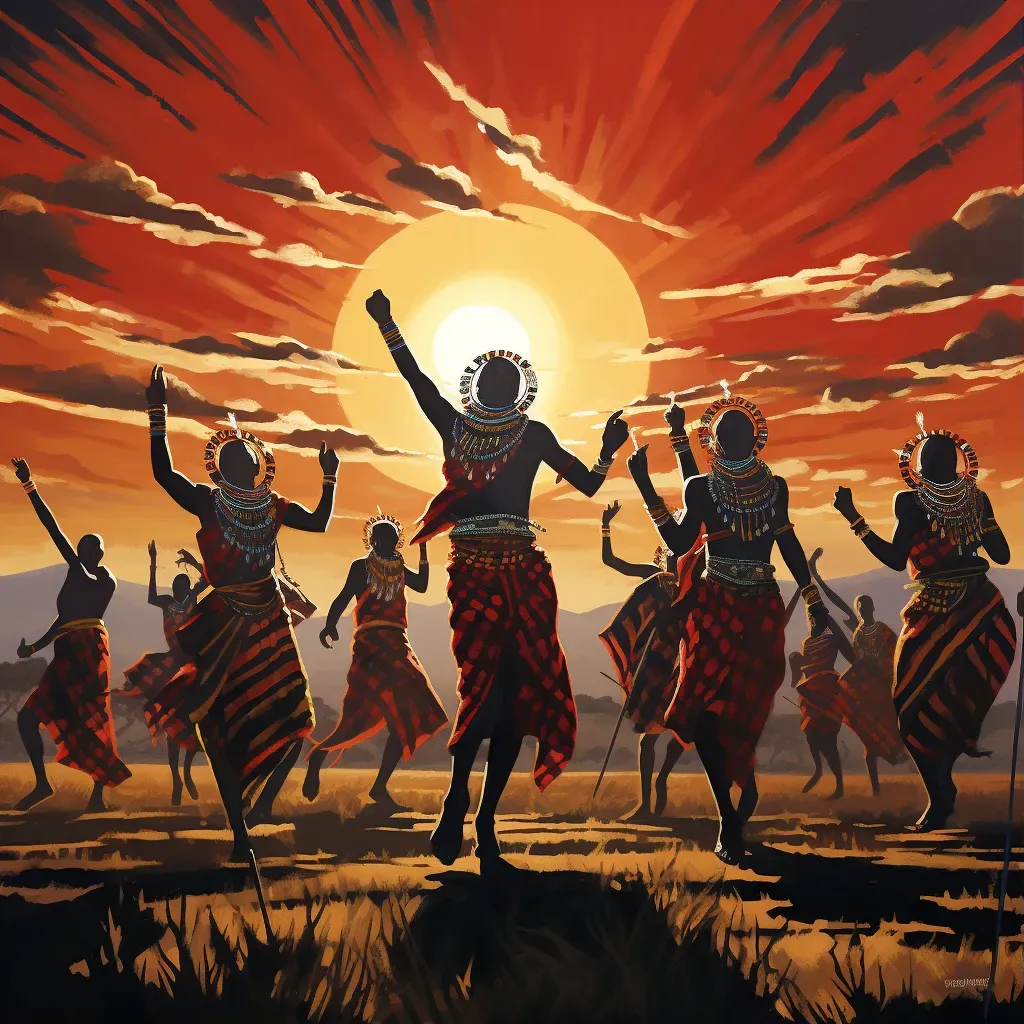 Image of Maasai warriors performing a traditional jumping dance in the Kenyan savannah under the late afternoon sun - Image 1