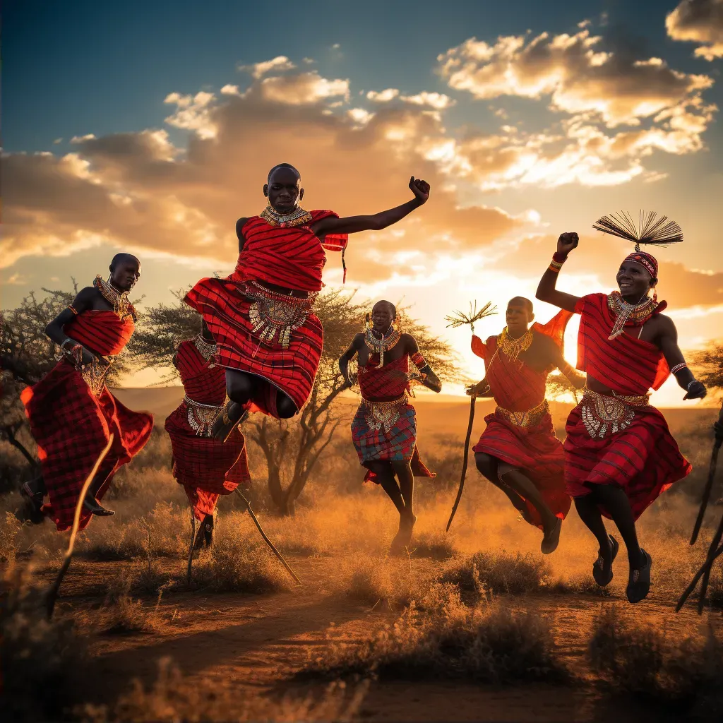 Image of Maasai warriors performing a traditional jumping dance in the Kenyan savannah under the late afternoon sun - Image 2