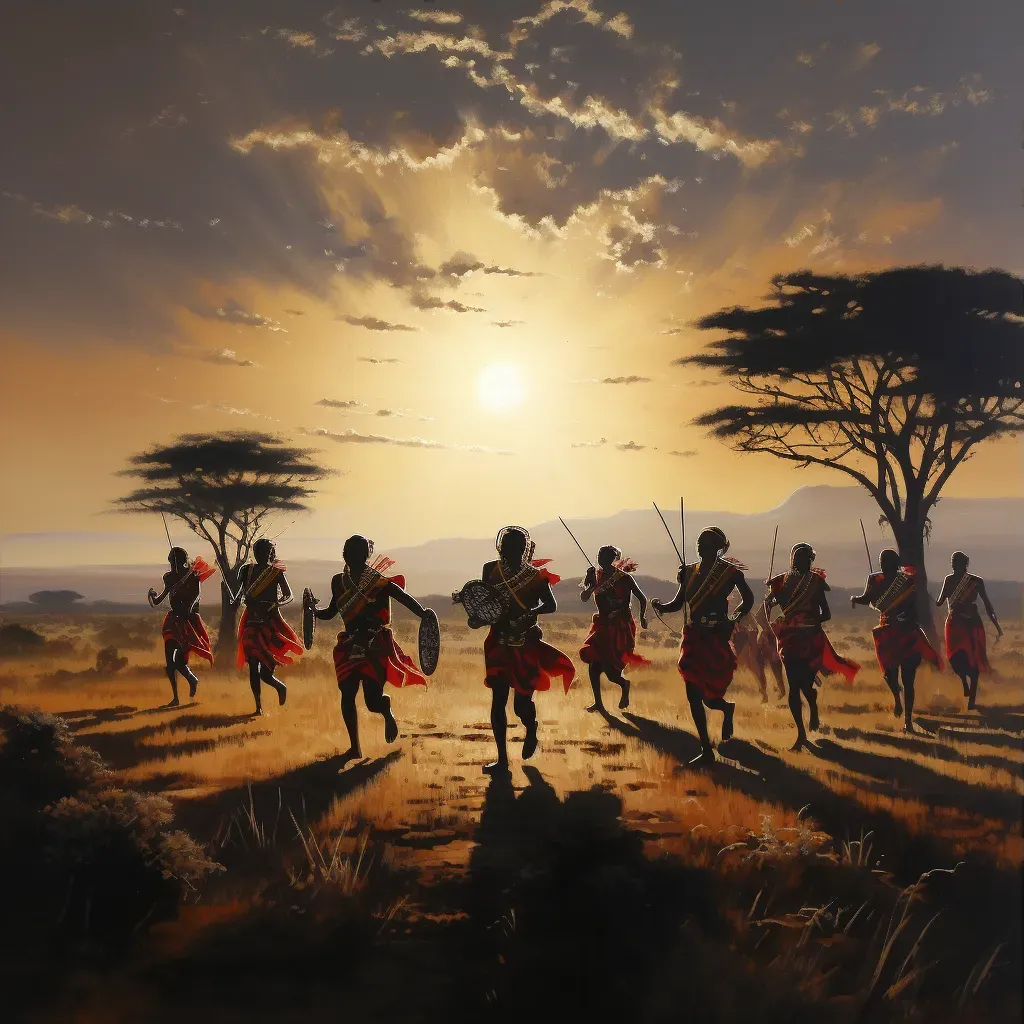 Image of Maasai warriors performing a traditional jumping dance in the Kenyan savannah under the late afternoon sun - Image 3