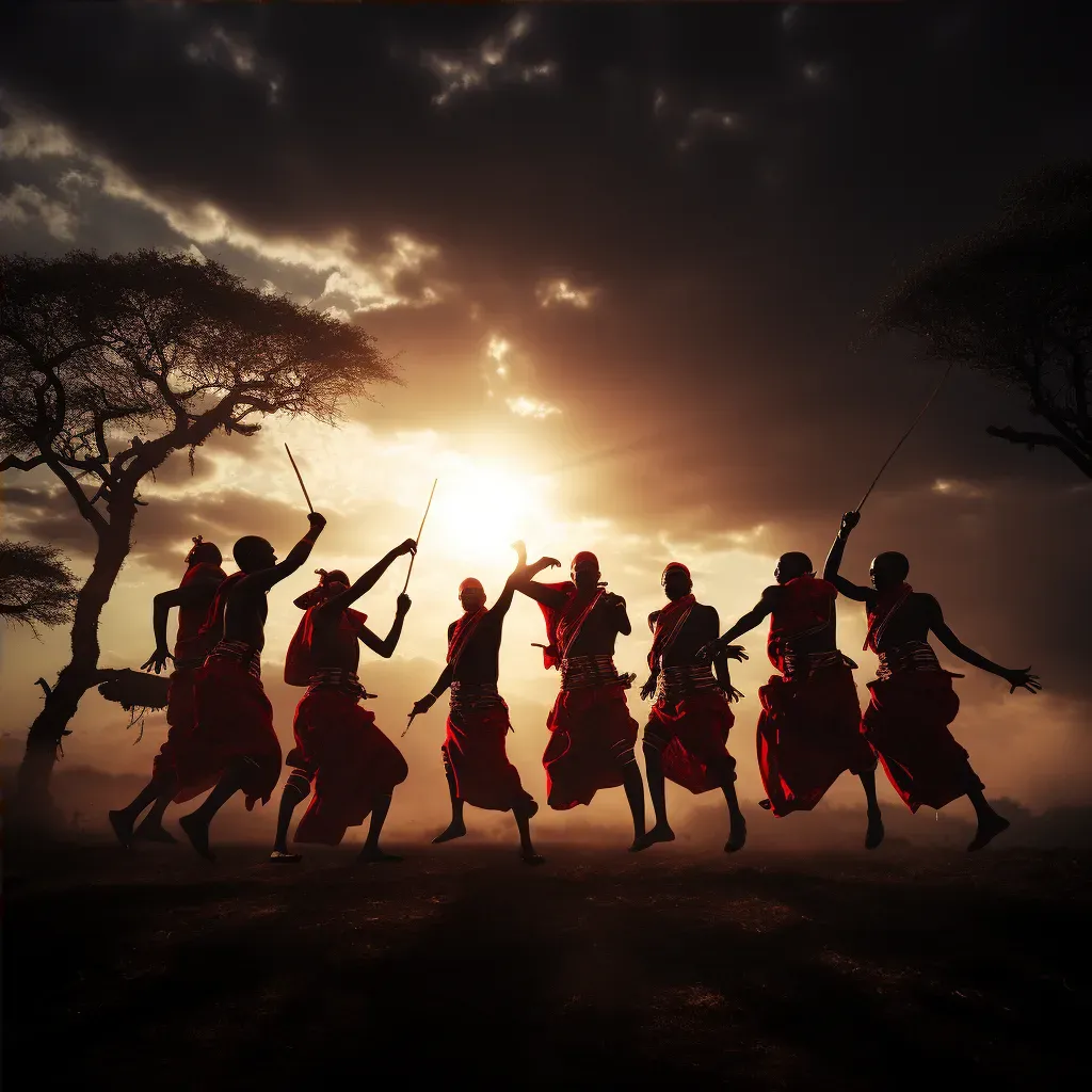 Image of Maasai warriors performing a traditional jumping dance in the Kenyan savannah under the late afternoon sun - Image 4