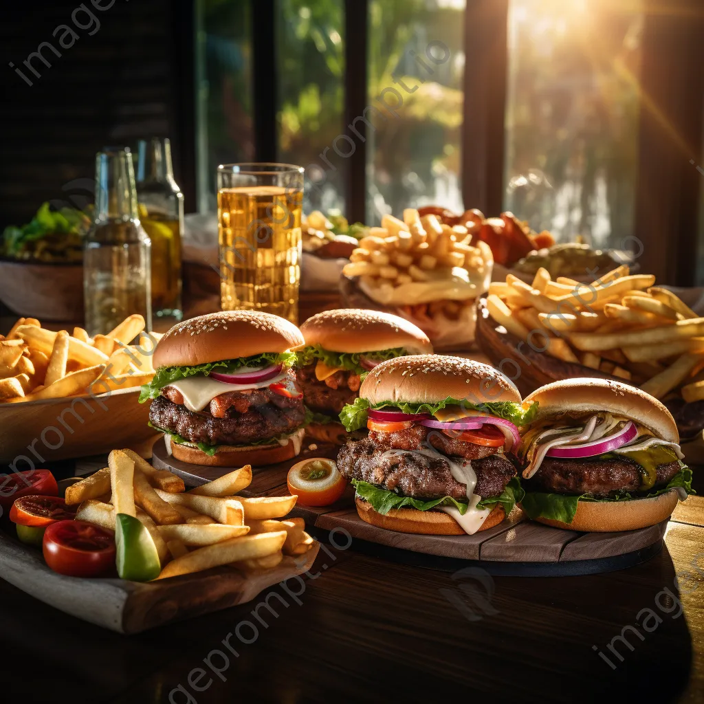 Colorful burgers, fries, and sodas on a wooden table - Image 1