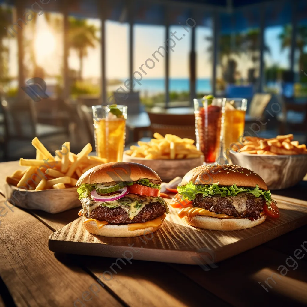 Colorful burgers, fries, and sodas on a wooden table - Image 2