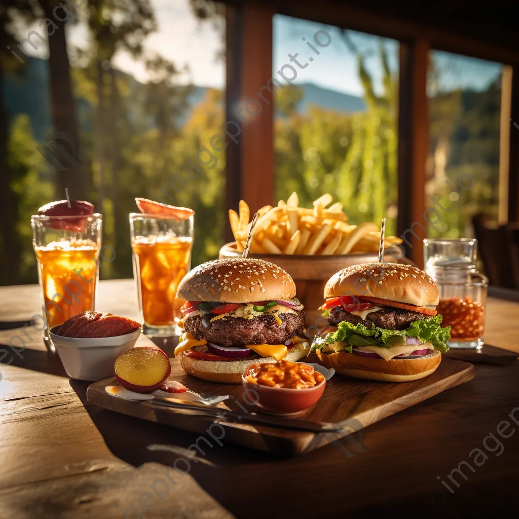 Colorful burgers, fries, and sodas on a wooden table - Image 4