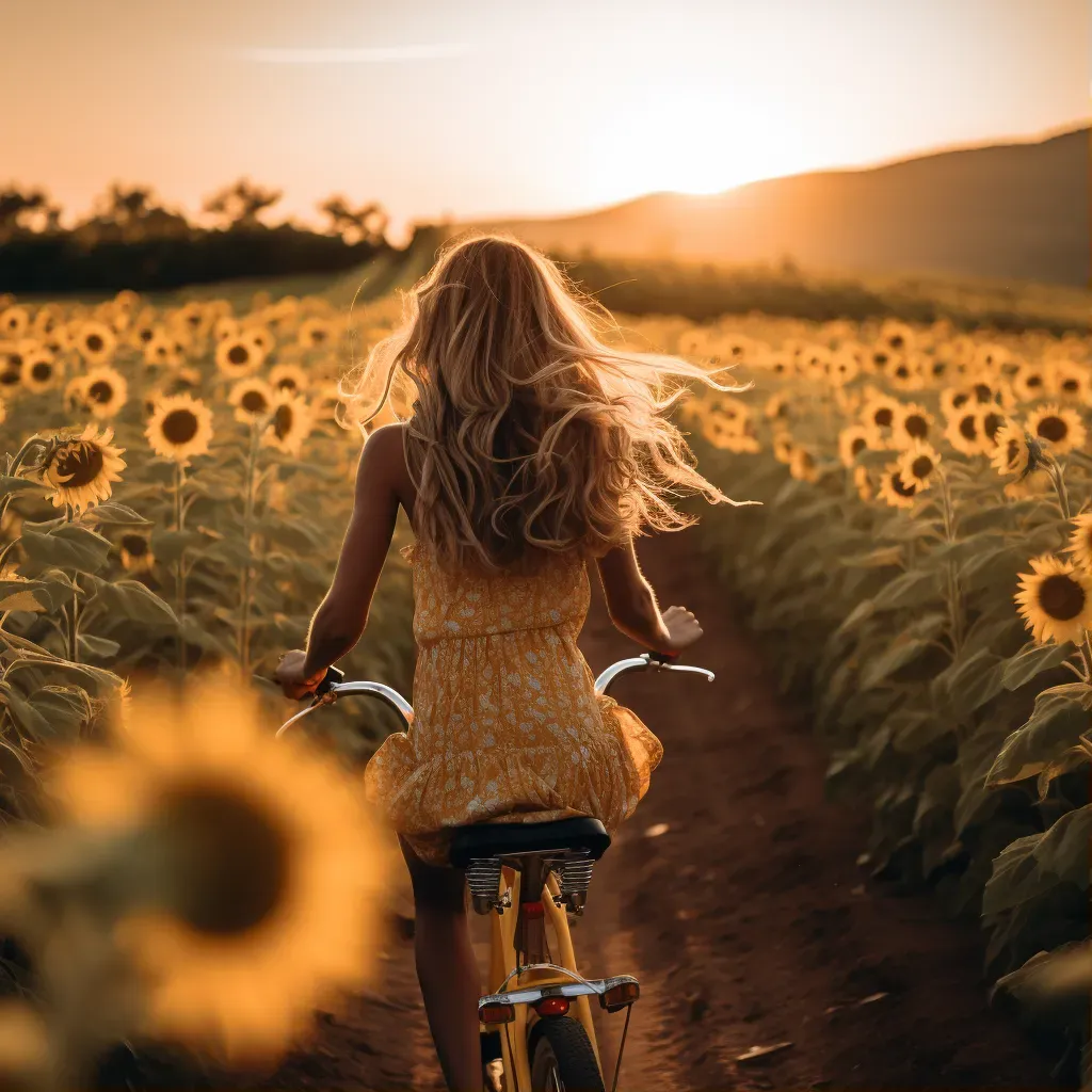 Person biking in sunflower field at golden hour - Image 1