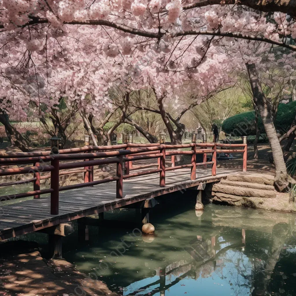 Cherry blossom trees in full bloom in a Japanese garden - Image 1