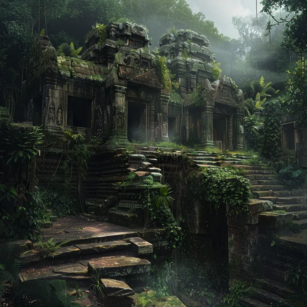 Aerial view of mysterious ancient ruins in a dense jungle - Image 1