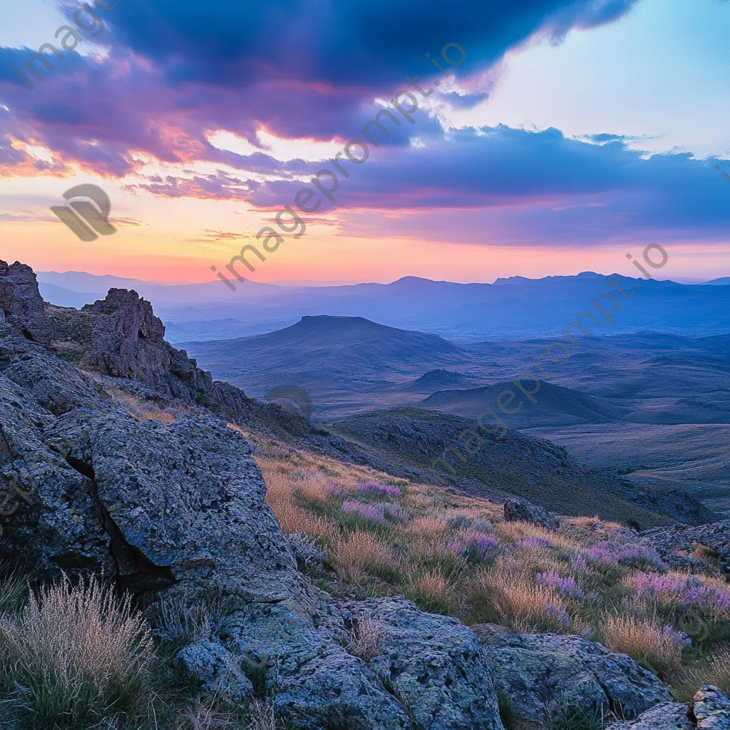 Rugged mountain plateau at sunset with contrasting shadows. - Image 1