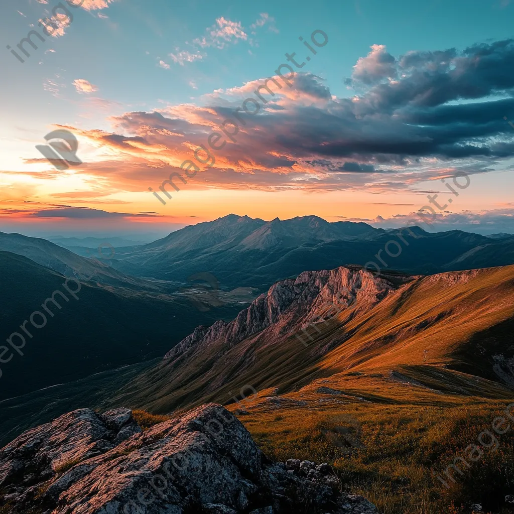 Rugged mountain plateau at sunset with contrasting shadows. - Image 2