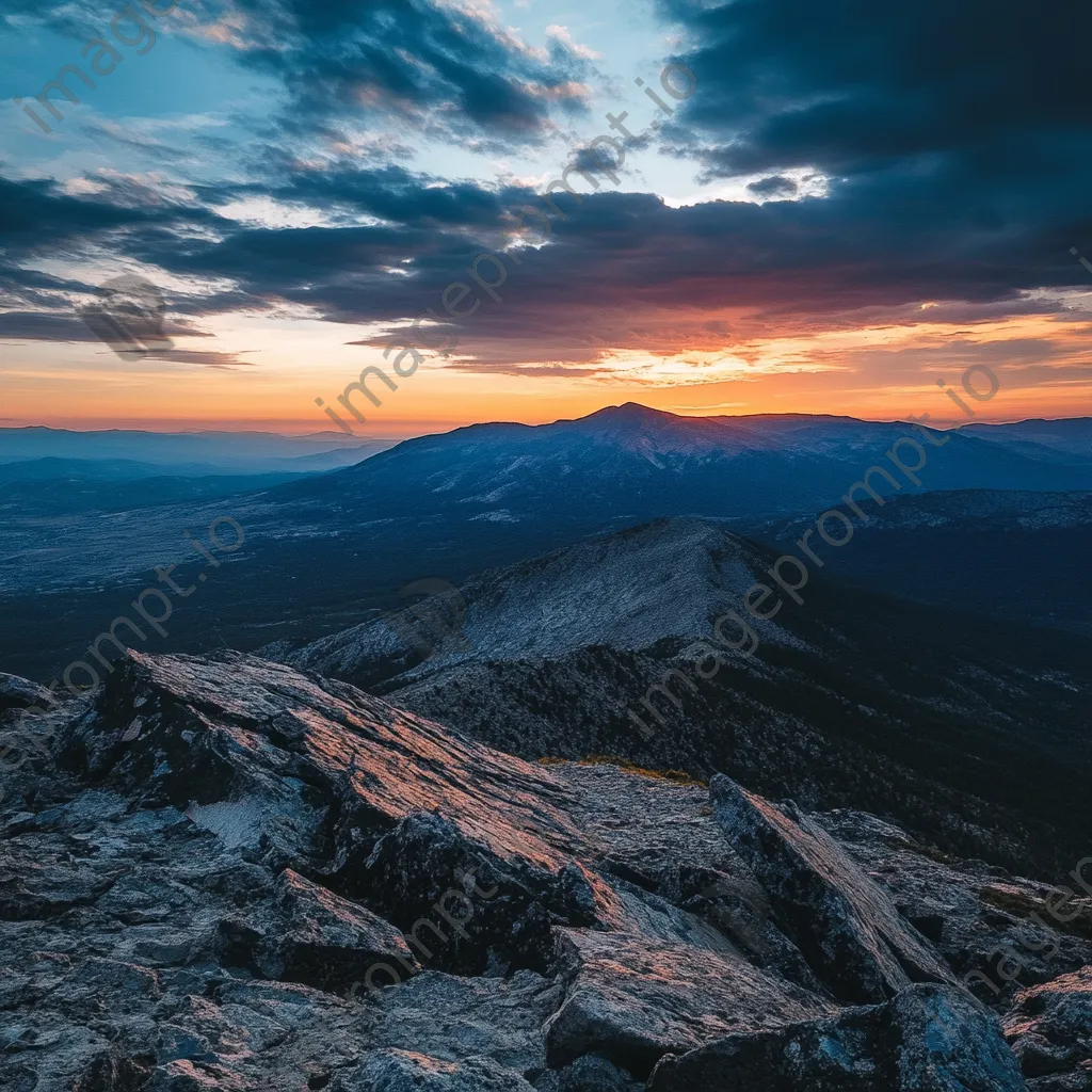 Rugged mountain plateau at sunset with contrasting shadows. - Image 3