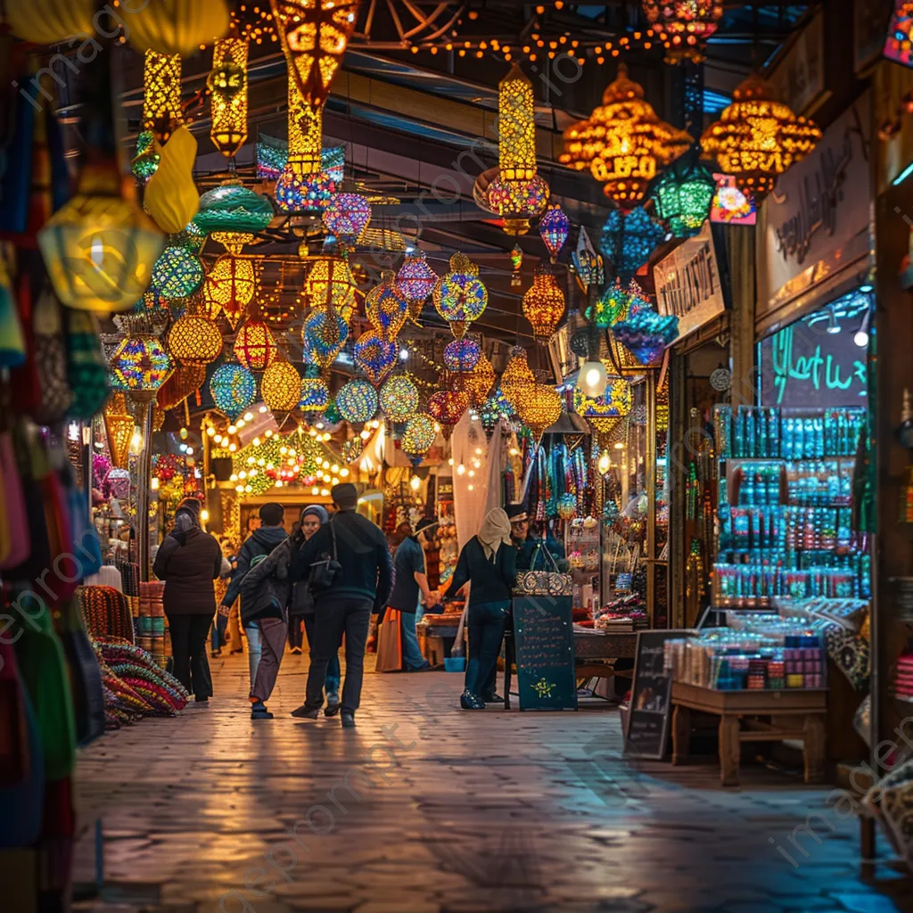 Shoppers browsing a lively holiday market with bright stalls. - Image 1