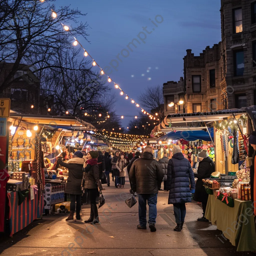 Shoppers browsing a lively holiday market with bright stalls. - Image 4