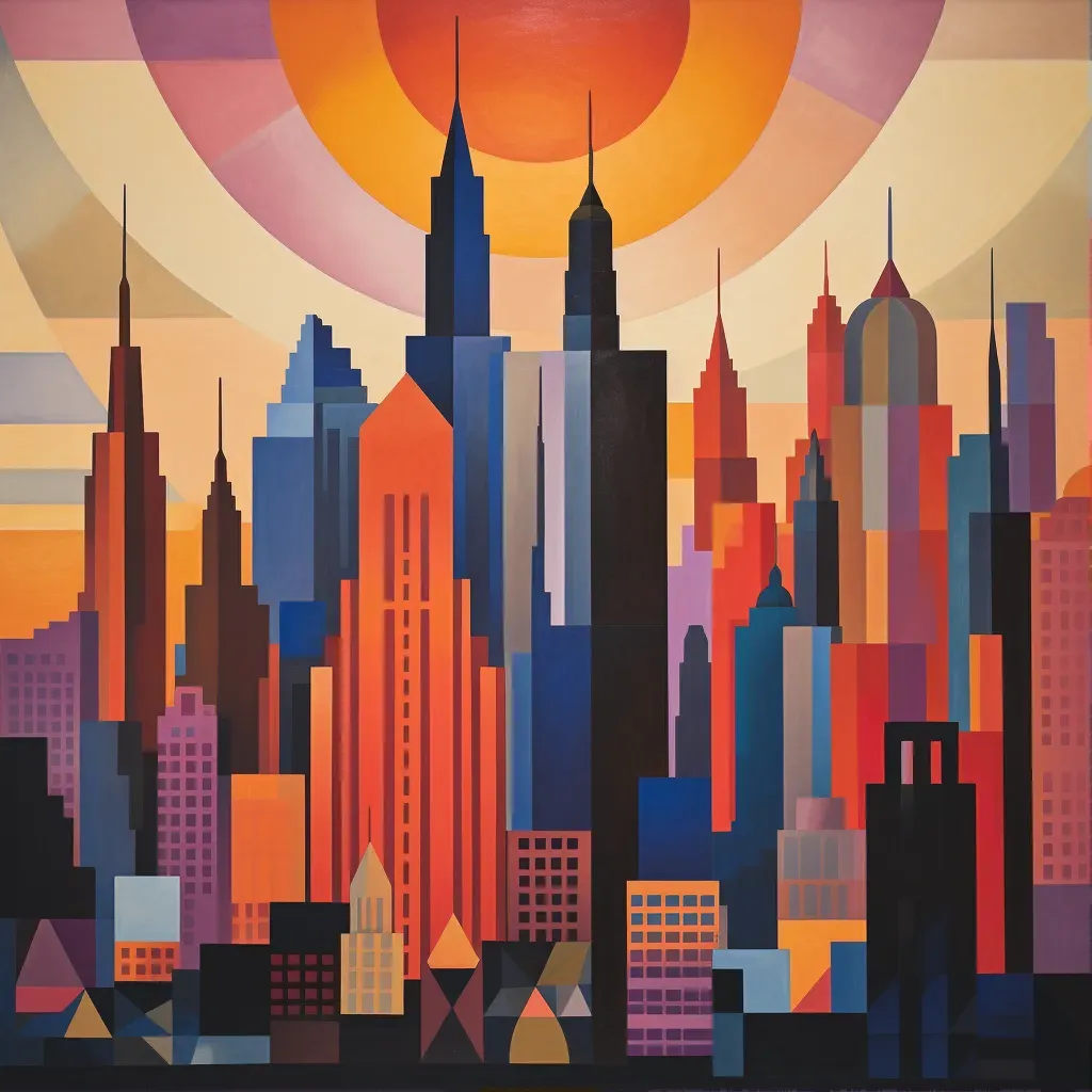 Skyline filled with geometrically designed skyscrapers at sunset - Image 1