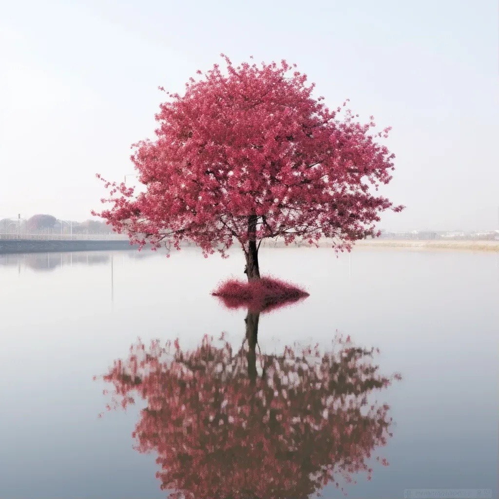 Depiction of a tree with its reflection showing different seasons on a serene lake - Image 1