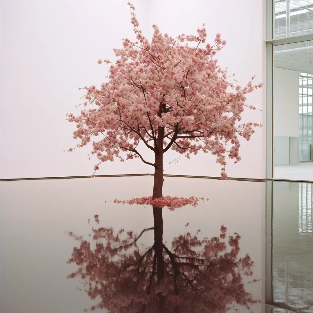 Depiction of a tree with its reflection showing different seasons on a serene lake - Image 2