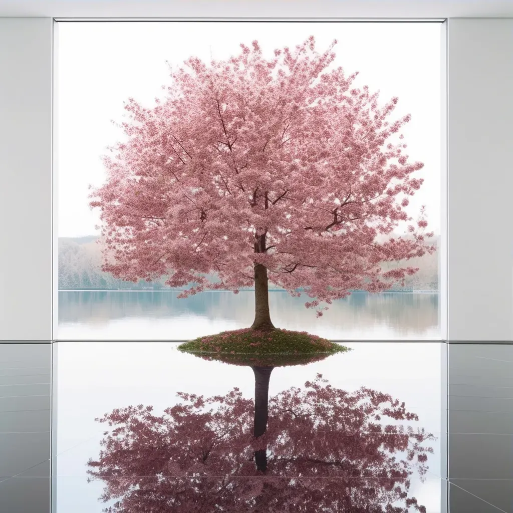 Depiction of a tree with its reflection showing different seasons on a serene lake - Image 3