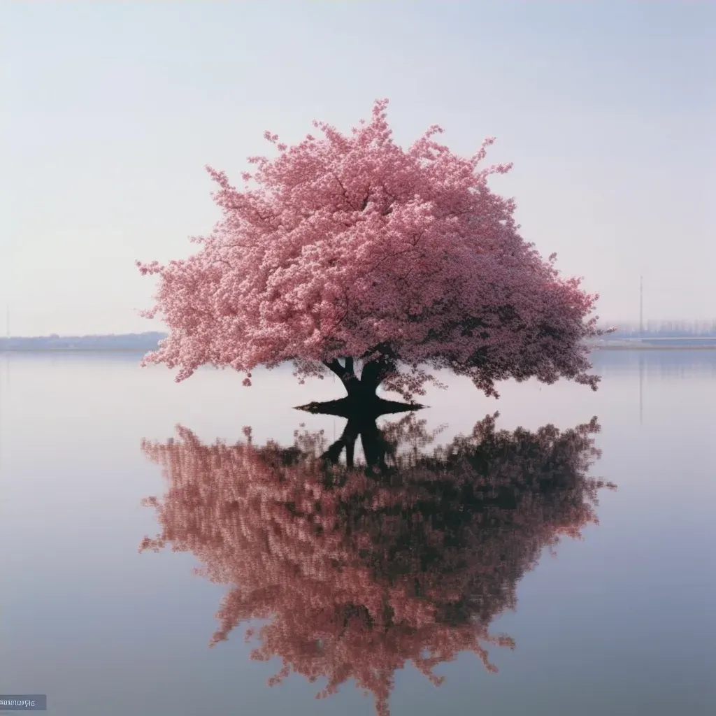 Depiction of a tree with its reflection showing different seasons on a serene lake - Image 4