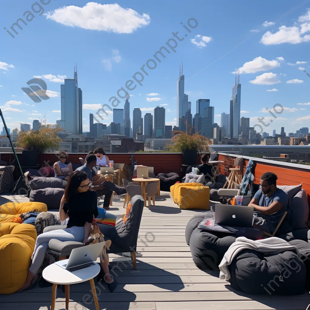 Professionals working on laptops in a rooftop co-working space - Image 1