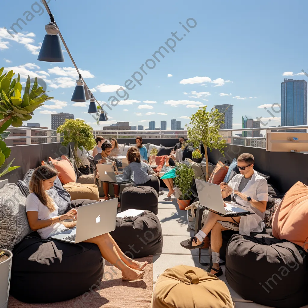 Professionals working on laptops in a rooftop co-working space - Image 3