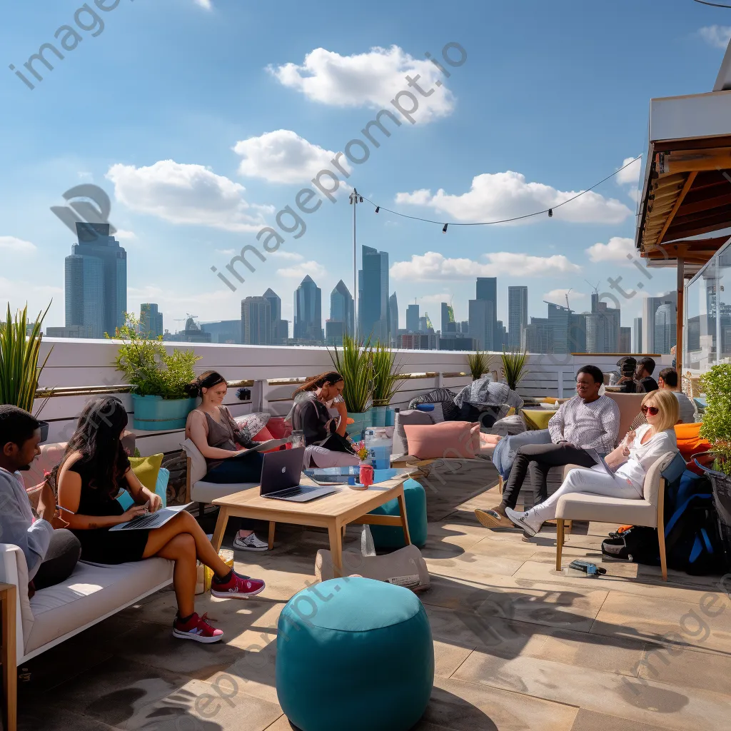 Professionals working on laptops in a rooftop co-working space - Image 4