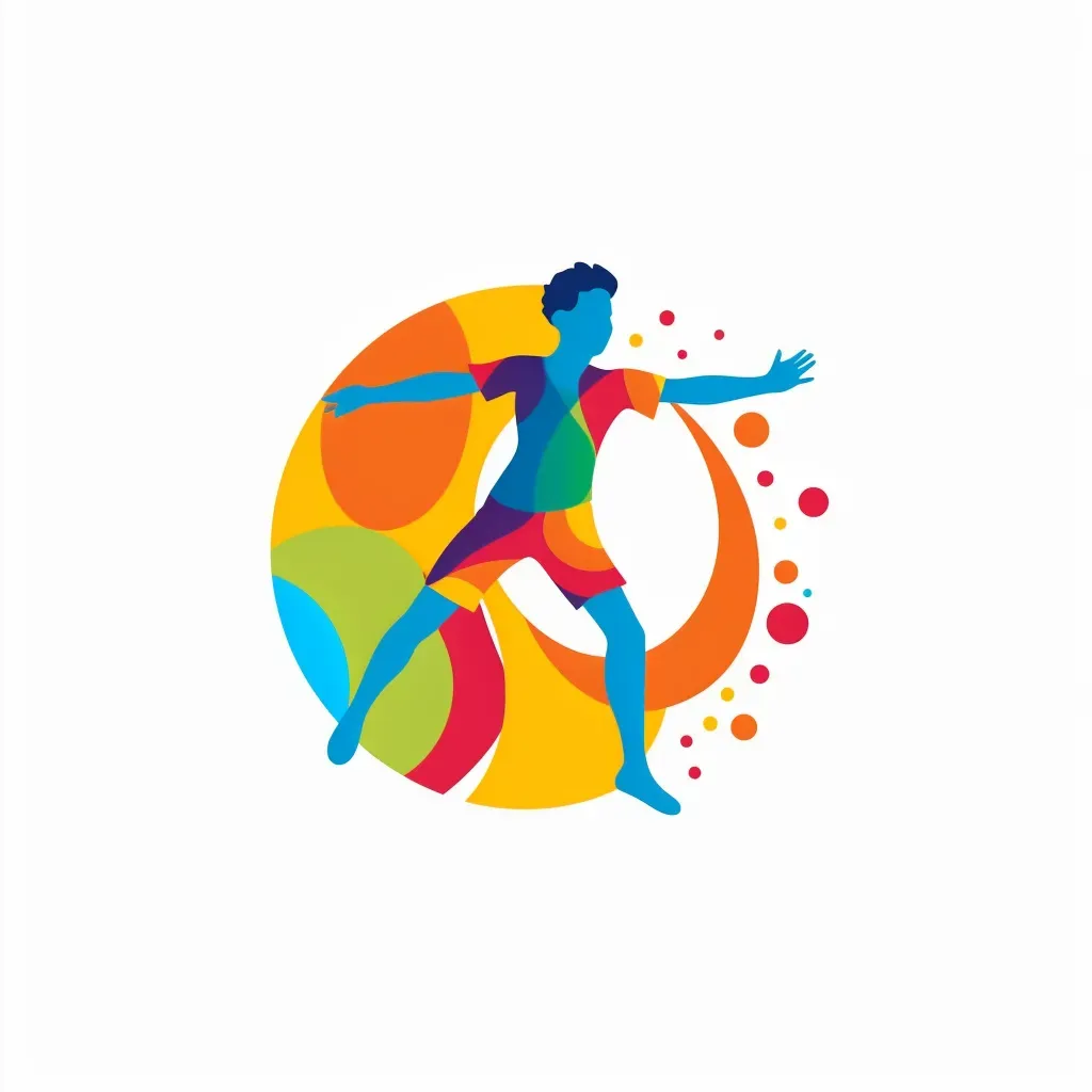 Dynamic logo with a child jumping, formed by overlapping shapes of sports equipment. - Image 2