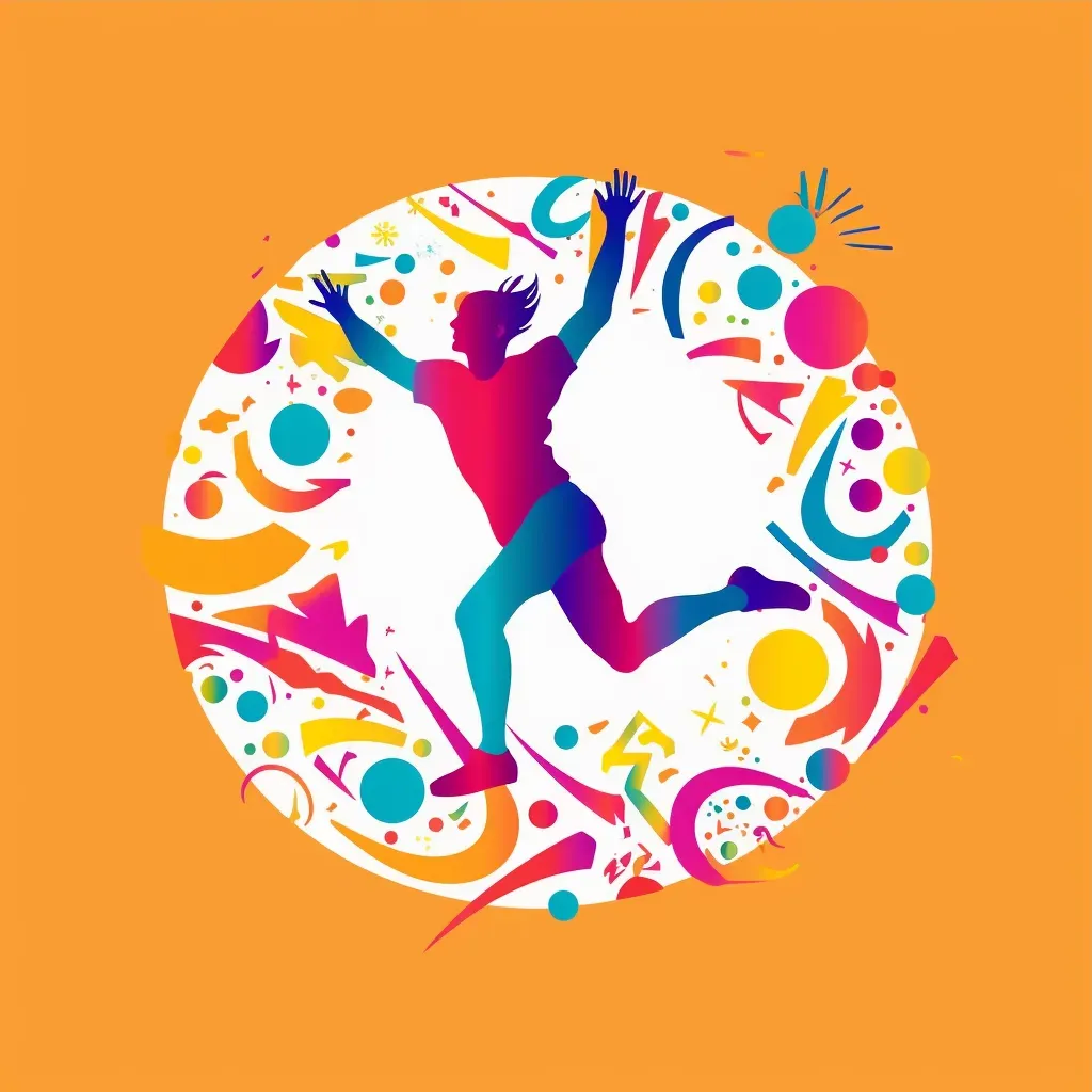 Dynamic logo with a child jumping, formed by overlapping shapes of sports equipment. - Image 3