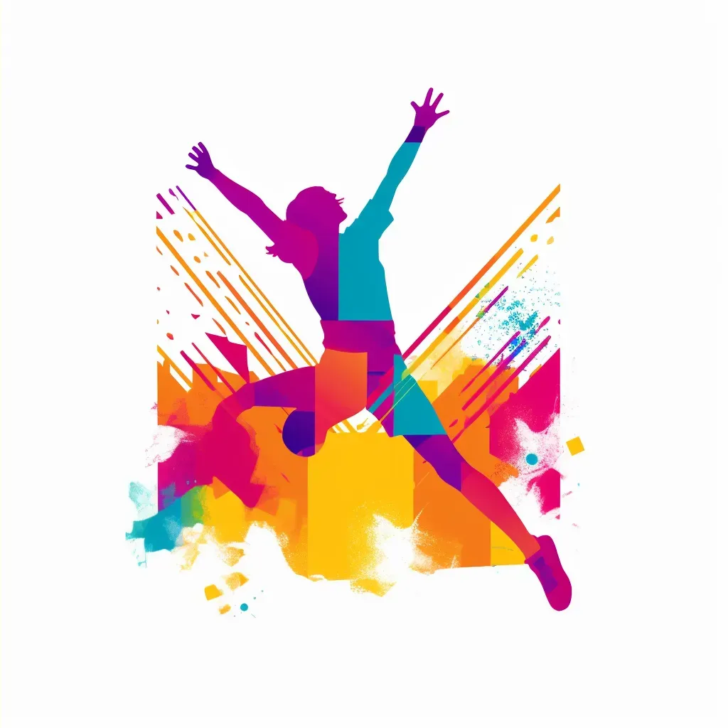 Dynamic logo with a child jumping, formed by overlapping shapes of sports equipment. - Image 4